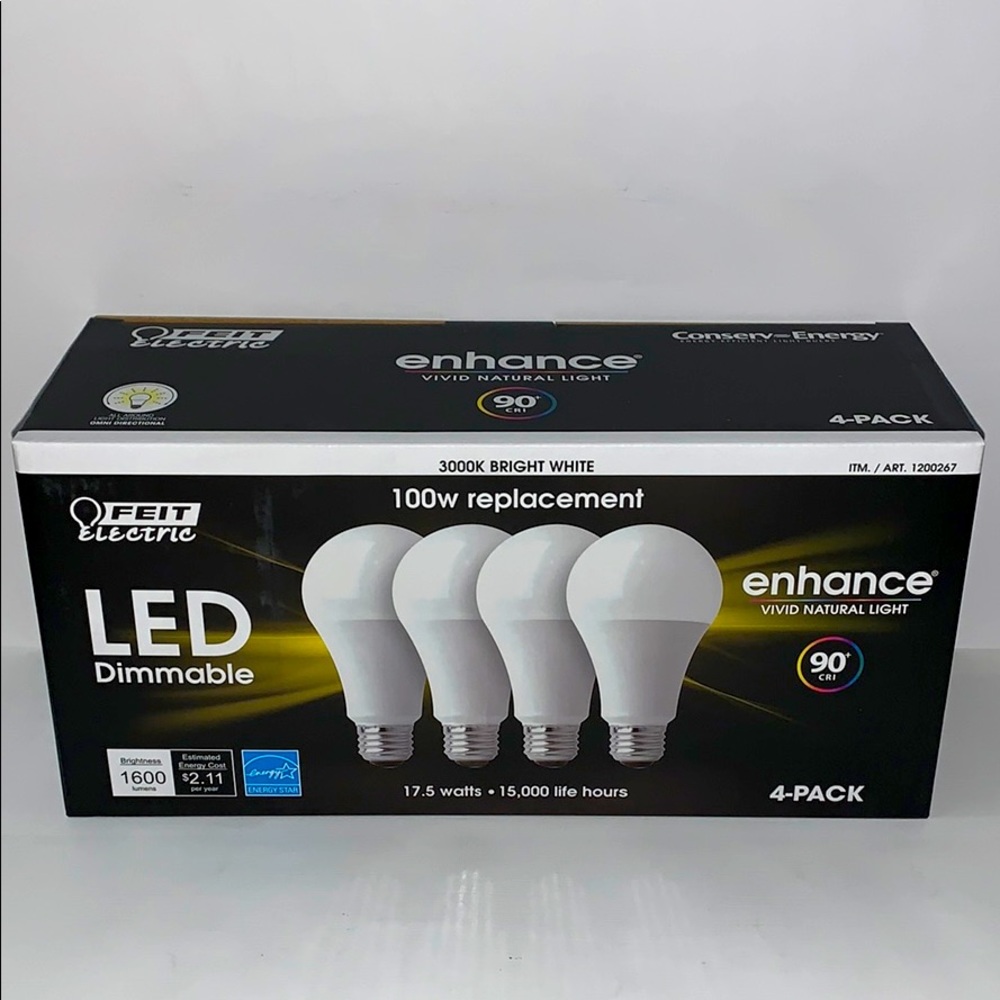 Feit Electric Dimmable LED 3000K, A19, 4-Pack